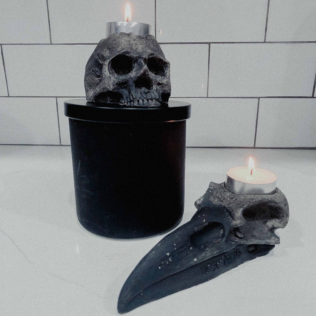 Handmade Gothic Raven Skull Tealight Candle Holder, Halloween Decoration